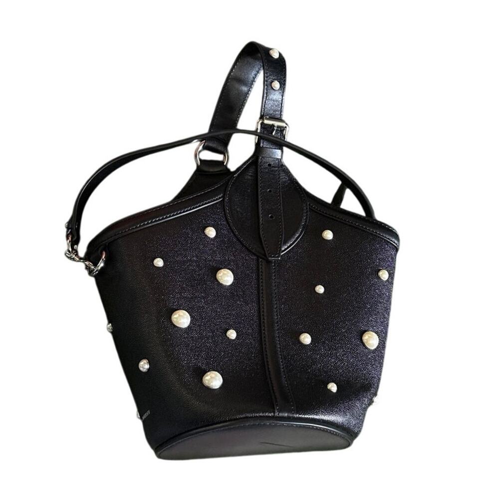 Rebecca Minkoff Black Studded Mini Bucket Bag Round Base Silver Hardware Read - Picture 2 of 9